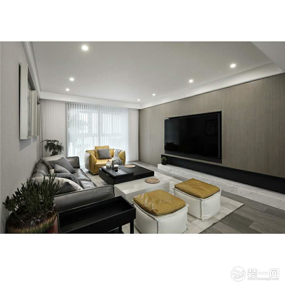 会客区采用模板化的沙发组合形式正位，素净而低调的色彩及材质对比之中，渗入跳跃的活力黄。