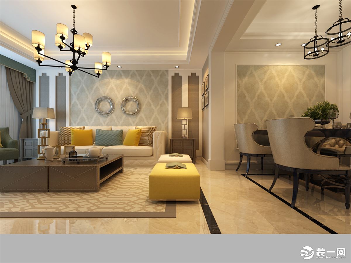 客厅采用的主灯暖光设计，在灯光上更加体现简欧的居家和柔美。