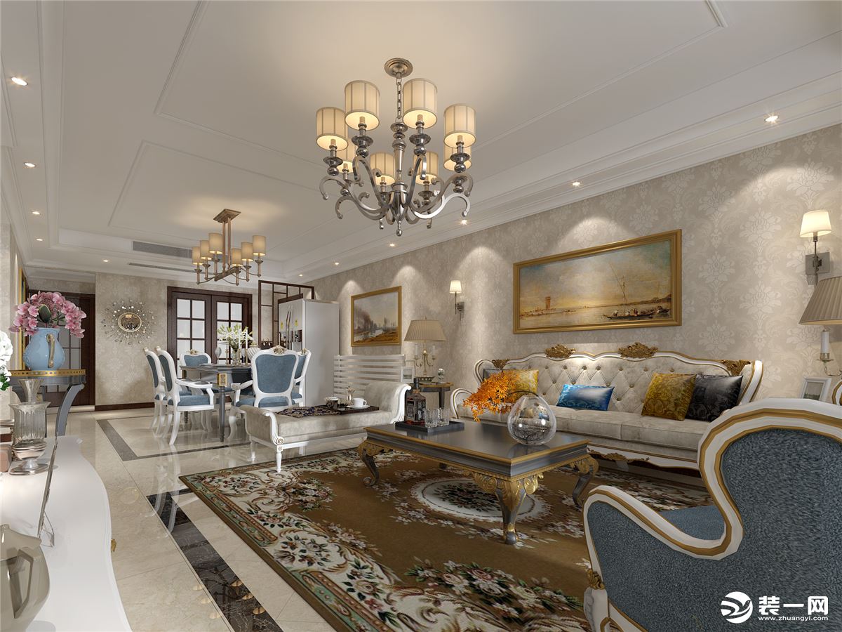 客厅空间较大，直接贴上带图案的背景砖，用金线条装饰，奢华又大气。
