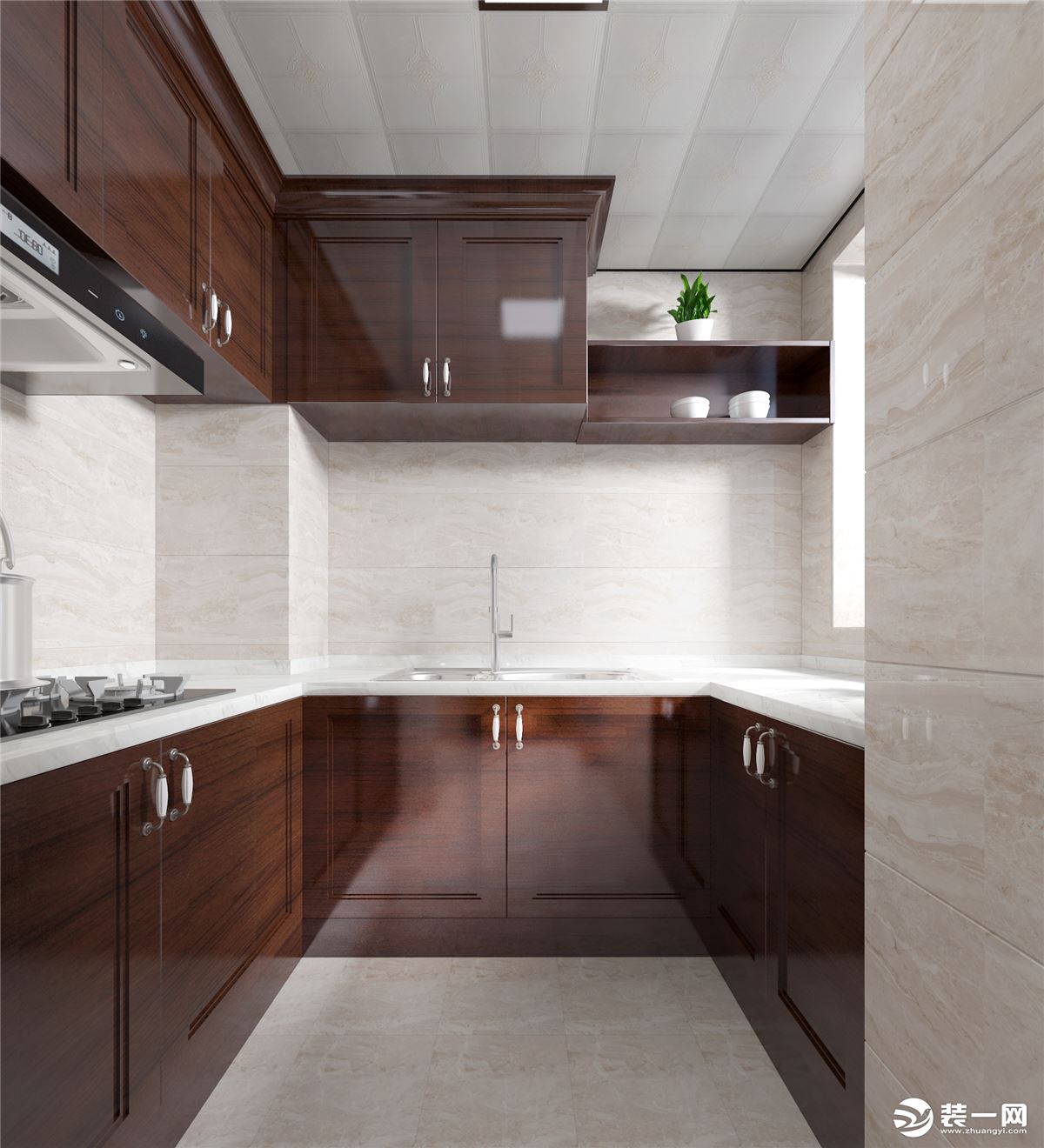 厨房选用木色的橱柜，u型的布局提供了丰富实用的烹饪空间。