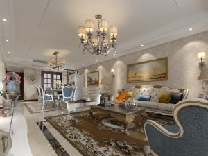 客厅空间较大，直接贴上带图案的背景砖，用金线条装饰，奢华又大气。