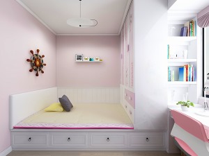 粉色的搭配做的榻榻米，素雅精致的卧室空间，呈现出一种活力梦幻的浪漫视觉感。