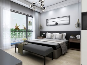 卧室也是采用灰色系风格， 创意十足的床头灯也增分不少。
