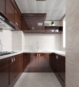 厨房选用木色的橱柜，u型的布局提供了丰富实用的烹饪空间。