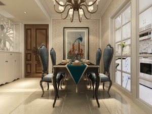 餐厅的设计，使用一面菱形镜面墙来扩大空间，精致的家具和设计的优美的线条，是欧式风格的代表象征，柔美之