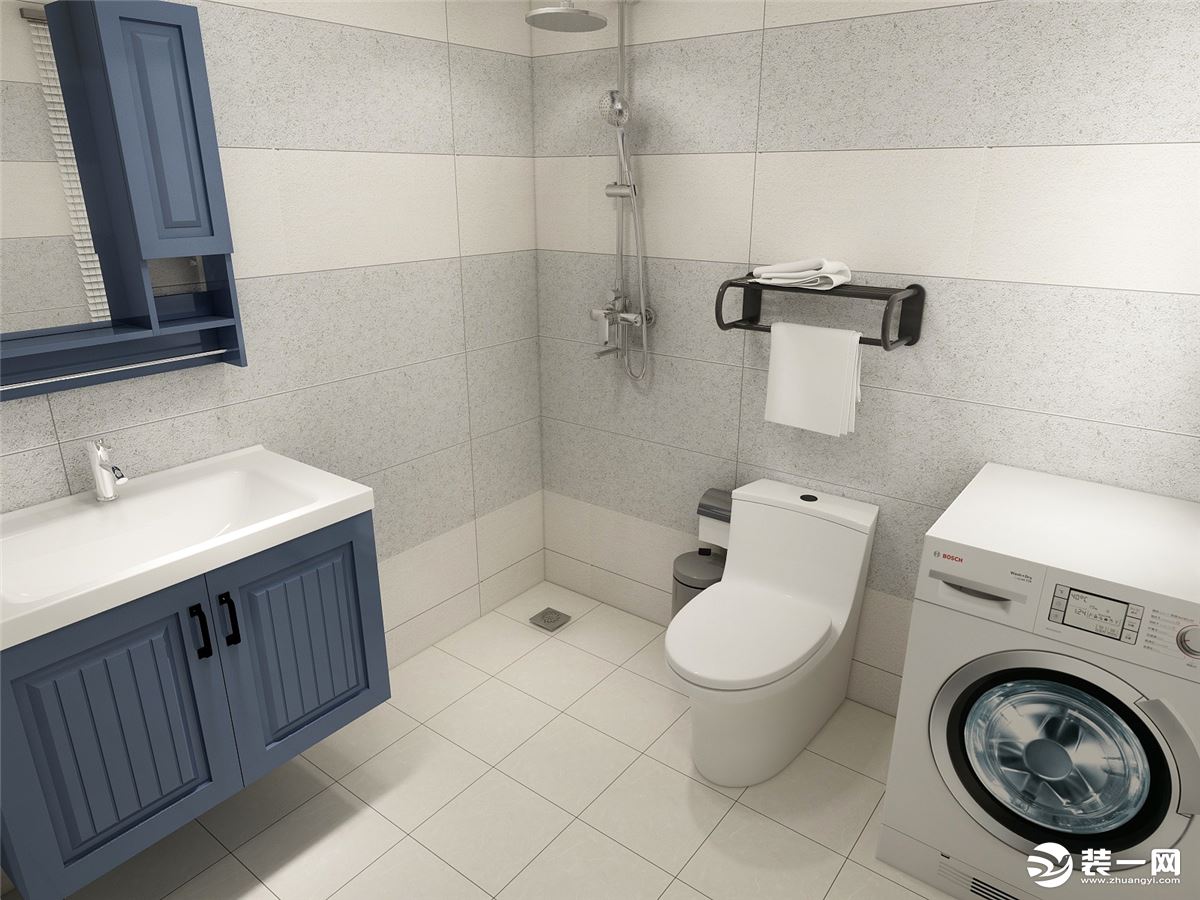 卫生间浴室柜与客厅色彩相搭配，起到相互呼应的效果。