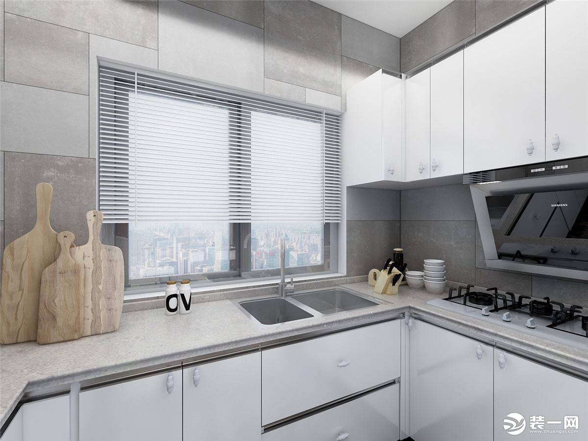 U型厨房布局，方便实用，灰白的色调搭配，简约明亮，这样的厨房空间真是太让人羡慕了！