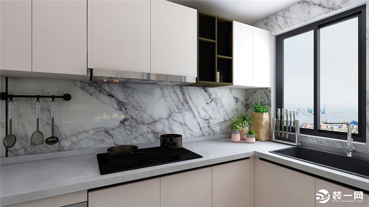 厨房空间，映入眼帘的第一印象是简洁、大方，选用最经典的黑白灰基础色打造洁净、通透的烹饪空间。