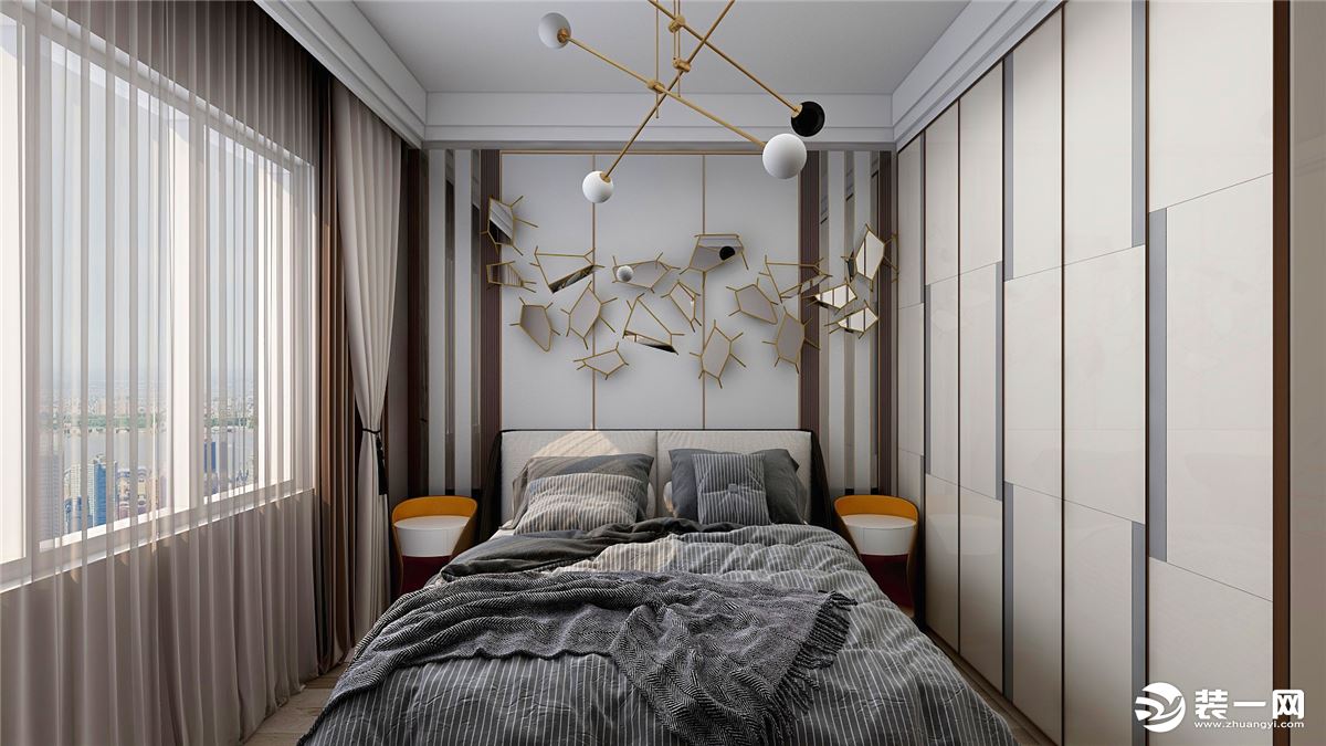 整体比例和谐，通过细节和色彩造型，配合柔软温馨床品，勾勒出一个精致优雅的卧室空间，彰显低调与浪漫。