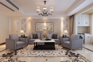 整个客厅色彩主调为白色，辅助色为金色、银色，呈现居室的气派与复古韵味，别具浪漫气息。