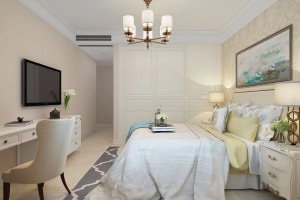主卧空间舒适又有气质，米白色一体衣柜，极大增加了收纳空间，搭配浅色床品和挂画，轻松打造温馨优雅的睡眠