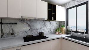 厨房空间，映入眼帘的第一印象是简洁、大方，选用最经典的黑白灰基础色打造洁净、通透的烹饪空间。