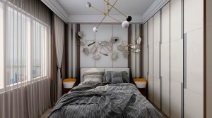 整体比例和谐，通过细节和色彩造型，配合柔软温馨床品，勾勒出一个精致优雅的卧室空间，彰显低调与浪漫。
