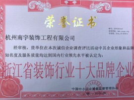 浙江省装饰行业十大品牌企业荣誉证书