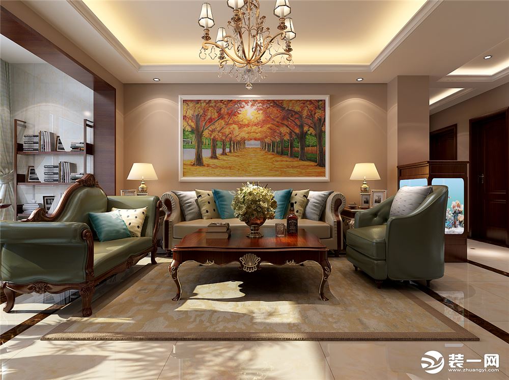 沙发背景墙抛弃了复杂的造型，采用了温馨色调的乳胶漆打底，装饰一副阳光灿烂的油画给客厅空间增添了生机活