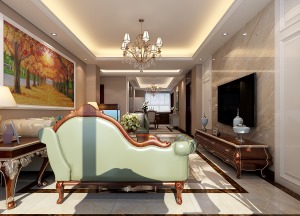 客厅整体效果，色彩协调统一，设计感强。餐厅茶色烤漆玻璃和客厅的影视墙相呼应，使整个空间协调统一。