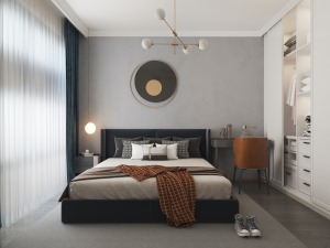 卧室的设计极富现代化，柔软的床品和温暖的灯光，共同营造卧室闲适的氛围