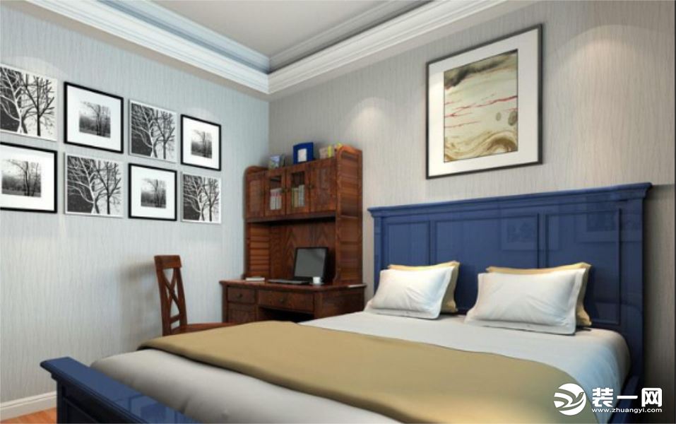 蓝色床，白色床品，再加上木质书桌椅，一个客卧兼书房就可以了。