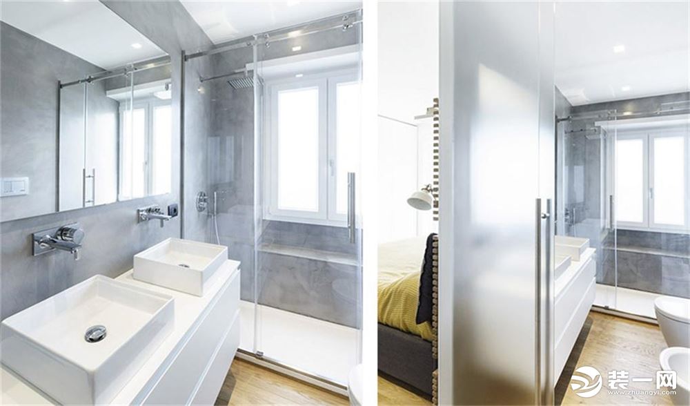 白色简约的卫生间格局整洁大气，玻璃隔断出独立的淋浴间，水泥灰色的墙面让这个空间显得整齐干净