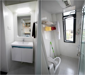 卫生间虽然小，却也是干湿分离的设计，原本手盆柜的位置是一个堆放杂物的地方，改造之后，得到了很好的利用