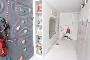 儿童房的改造很花心思，特别富有童趣，洞洞床，也有足够的柜子，