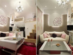 客厅保留3米4的完整高度，以白色及粉色为基调花卉及饼图腾勾勒出空间主轴，厨房和卫浴上方做夹层规划卧室