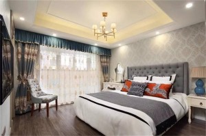 传统的美式在色调上使用非常关键，做旧蓝色和大花朵的窗帘，把卧室装扮得极富舒适感。