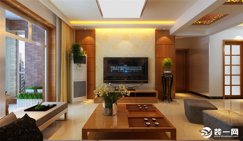 客厅电视墙的硅藻泥和木板的搭配，让空间更富有美感