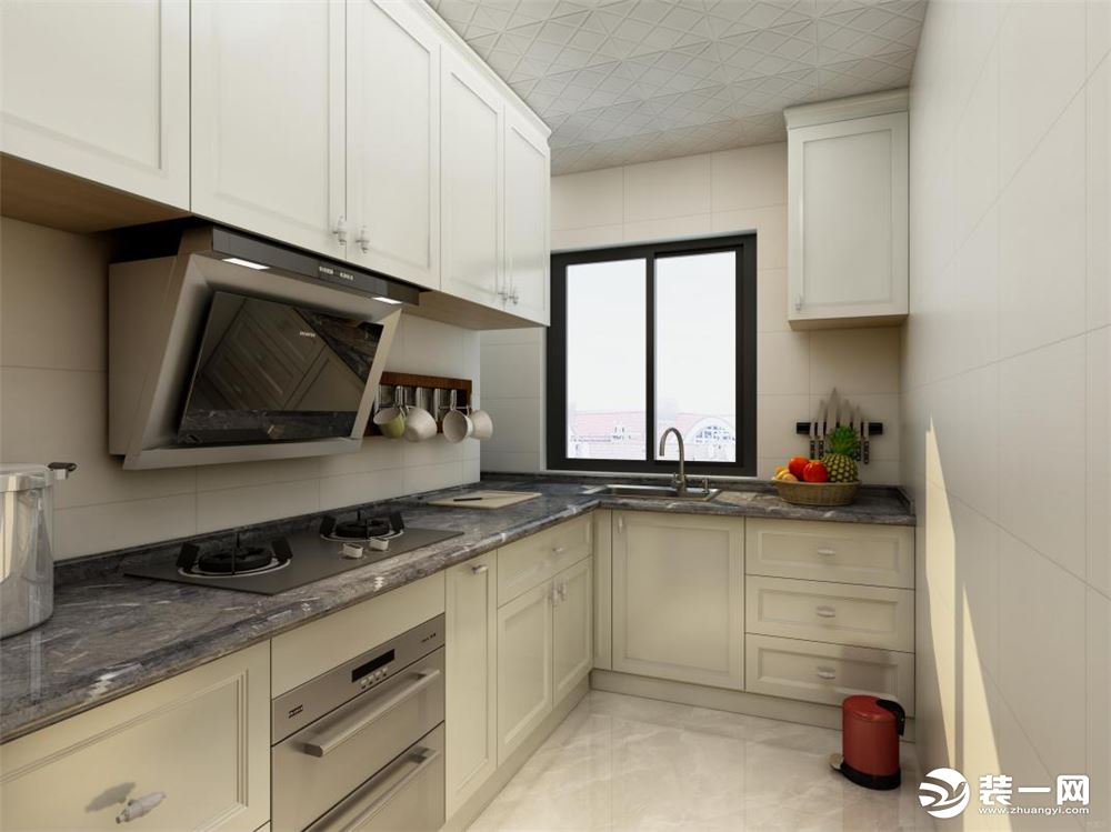 厨房整体色调为白色，对比其他颜色相对更加干净，台面选用深灰色，是整体色调不单调。
