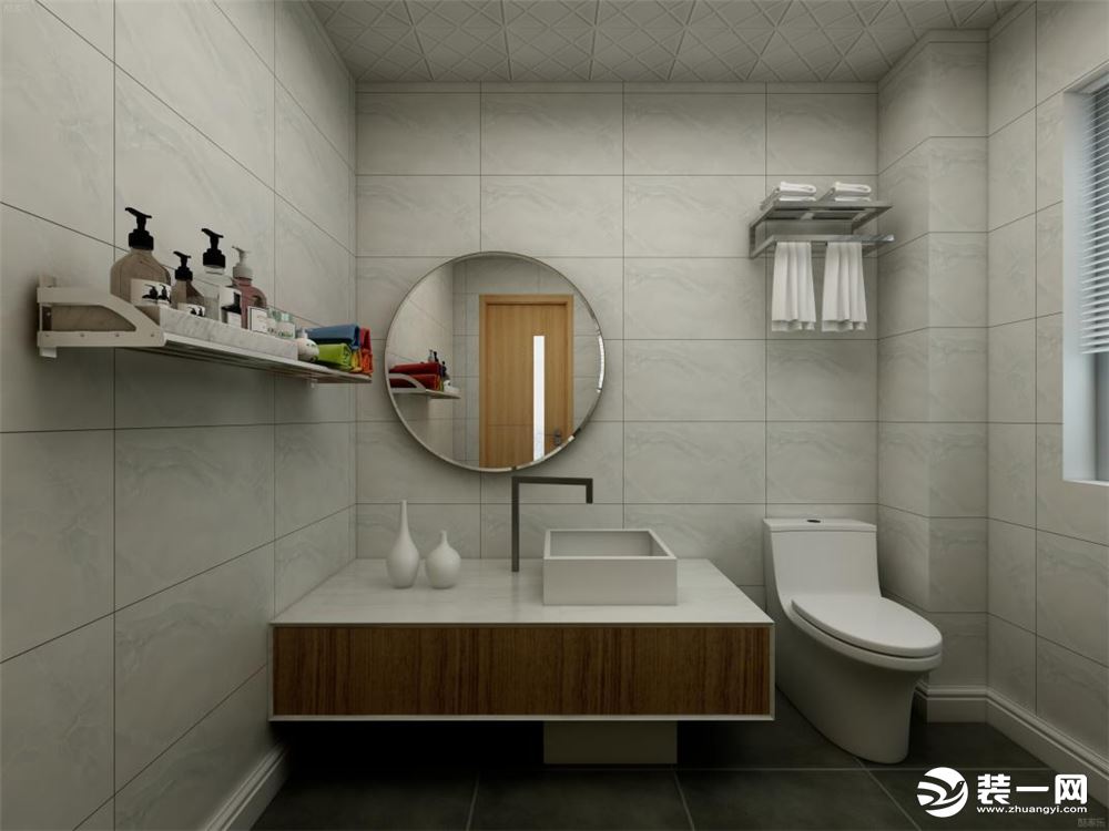 卫生间地面和墙面颜色反差较大，可以增加空间感。选用带有原木色的浴室柜与其他空间的色调相呼应。