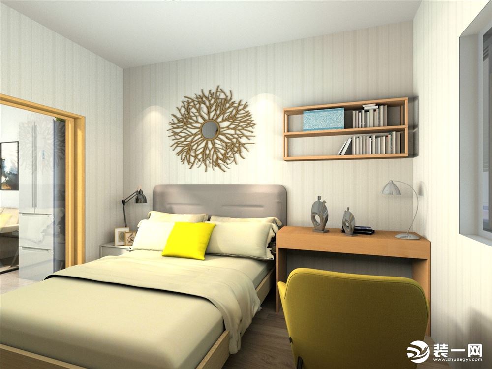 卧室是人们待的最久的地方，暖颜色的壁纸，加上木色的家具，舒服，温馨。