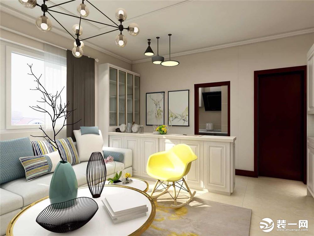 现代简约风格，客餐厅一体，沙发采用L型，把客厅面积有效利用，颜色采用蓝白黄相搭，感觉清新自然。