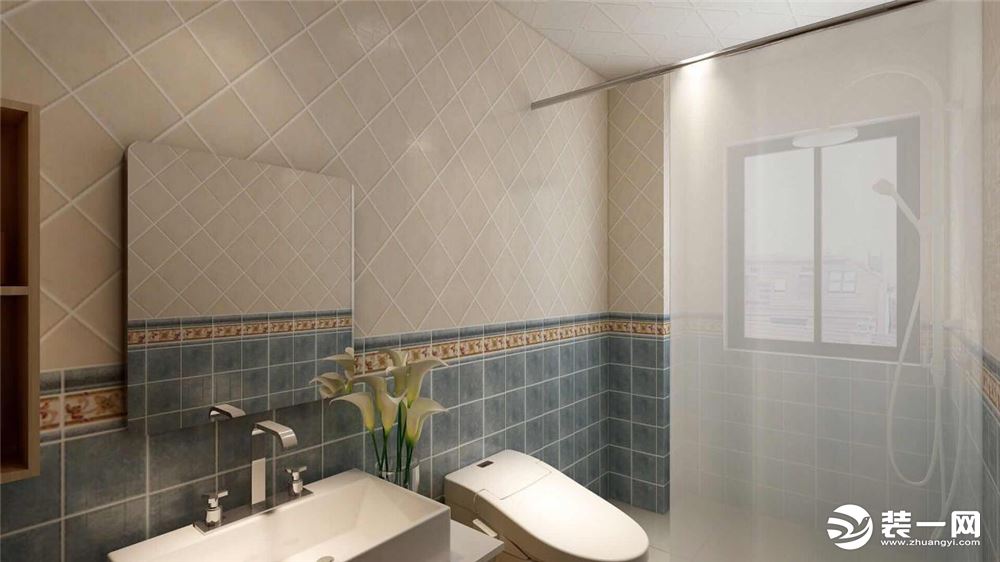 卫生间由于面积有限，用浴帘来做了干湿分离。墙砖利用A B墙，显得空间更加开阔，突出其效果，低调奢华。