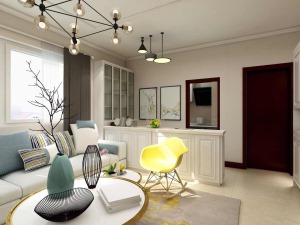 现代简约风格，客餐厅一体，沙发采用L型，把客厅面积有效利用，颜色采用蓝白黄相搭，感觉清新自然。