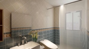 卫生间由于面积有限，用浴帘来做了干湿分离。墙砖利用A B墙，显得空间更加开阔，突出其效果，低调奢华。