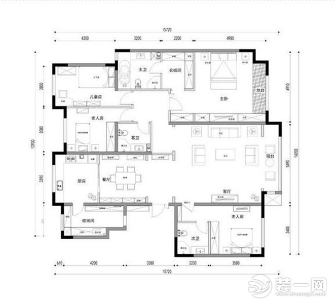 大同富力城110平三居室中式风格装修设计，新房平面布置图