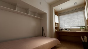 次卧很好的利用空间艺术，窗台改良成一物两用的桌子，而侧面墙体掏出的壁柜给床的摆放节省不少空间