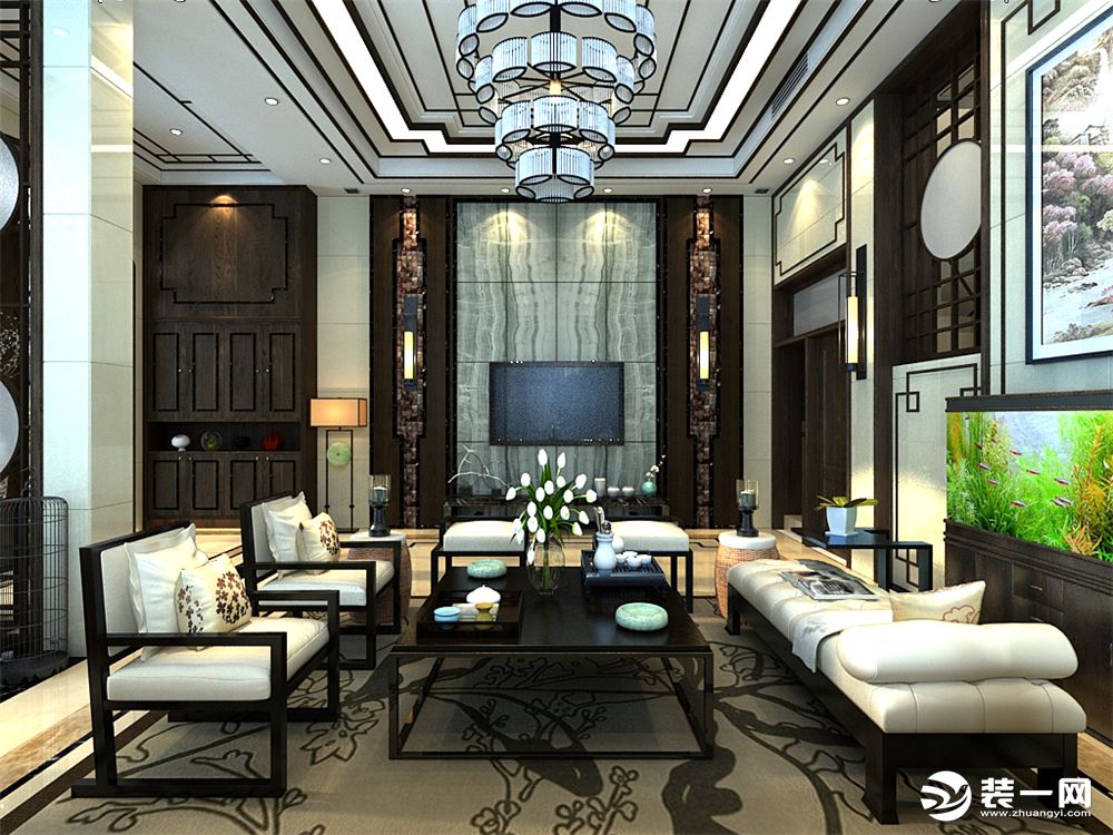 新中式风格：客厅、影视墙视角