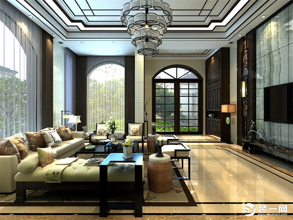新中式风格：客厅、影视墙视角
