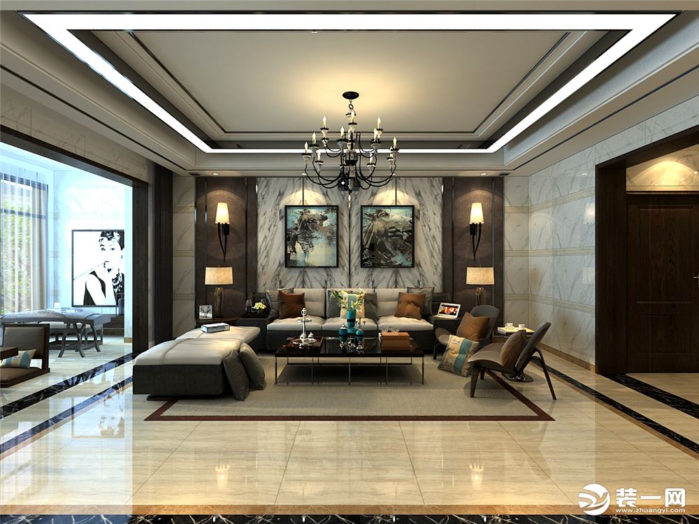 现代中式风格：客厅、沙发背景墙视角