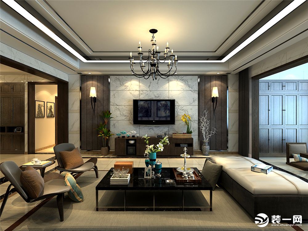 现代中式风格：客厅、影视墙视角