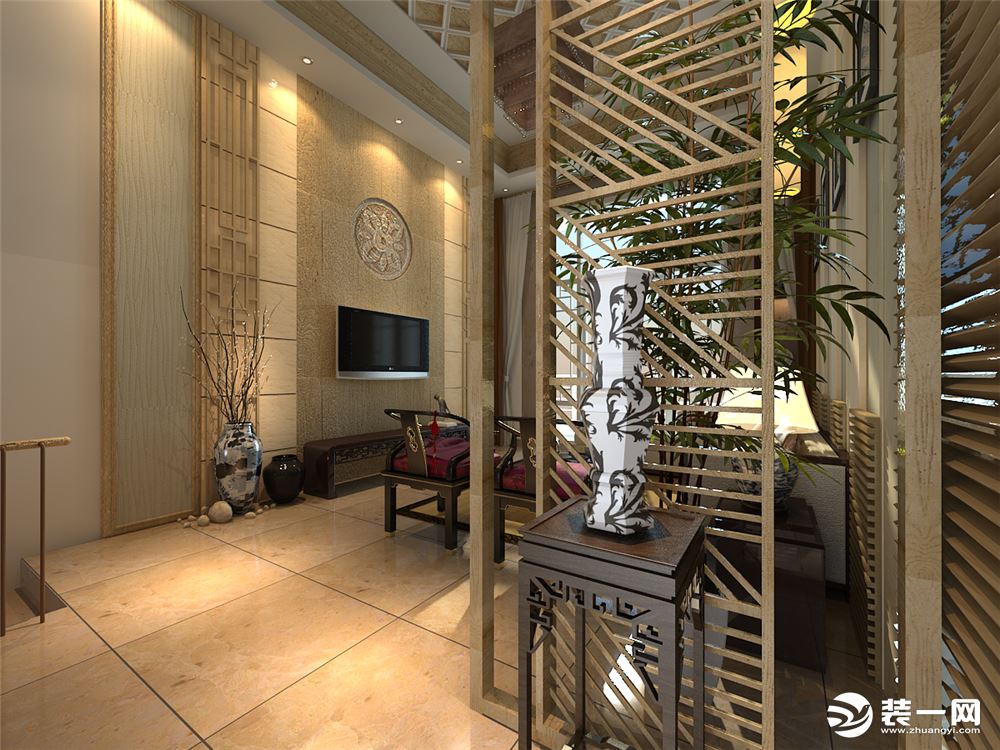 中式风格：一楼客厅、玄关视角
