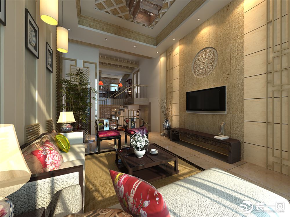 中式风格：一楼客厅、影视墙、吊顶、楼梯视角