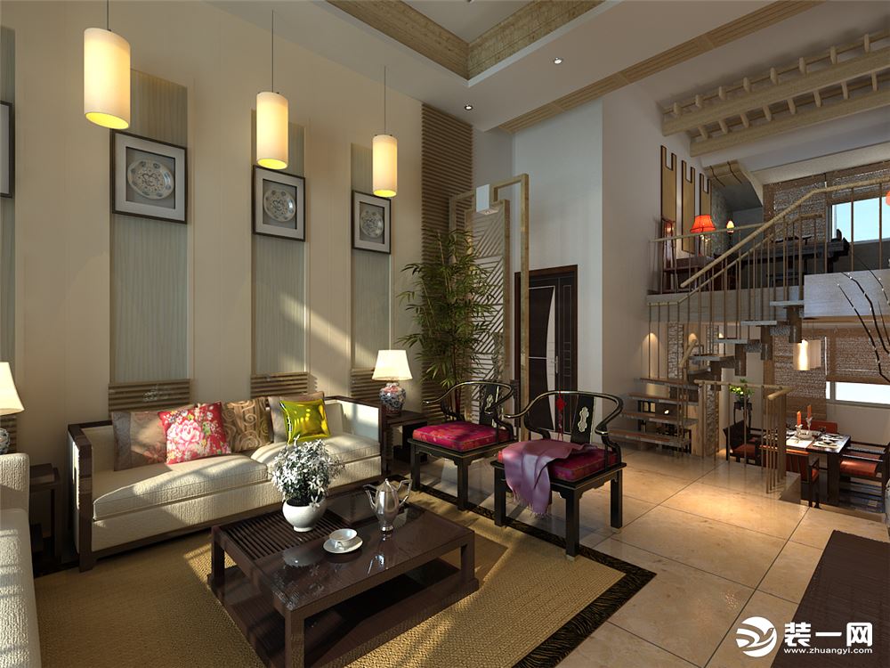 中式风格：一楼客厅、吊顶、楼梯视角