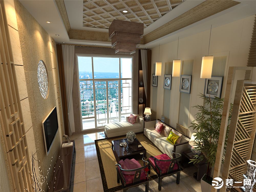 中式风格：一楼客厅、影视墙、吊顶视角