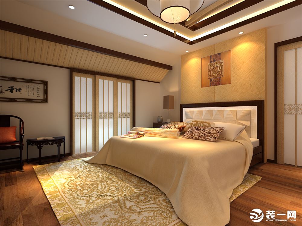 中式风格：二楼卧室、吊顶视角