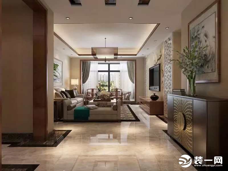 中式风格：走廊、客厅视角
