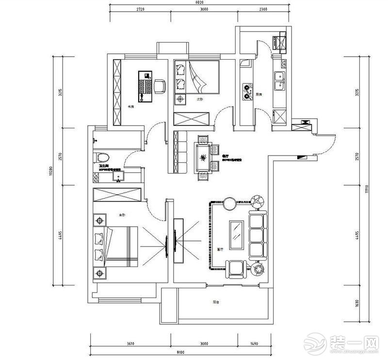兰州109平米的欧美风情三居室 户型图