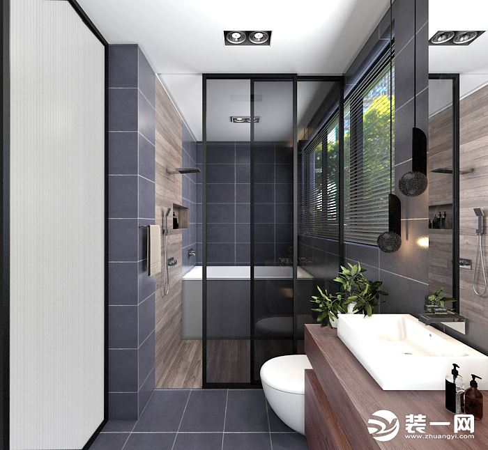 主卫整体采用的是灰色系的墙地砖，搭配上原木色的浴室柜，使空间更加简单大方，最里边做了浴缸，使空间充分