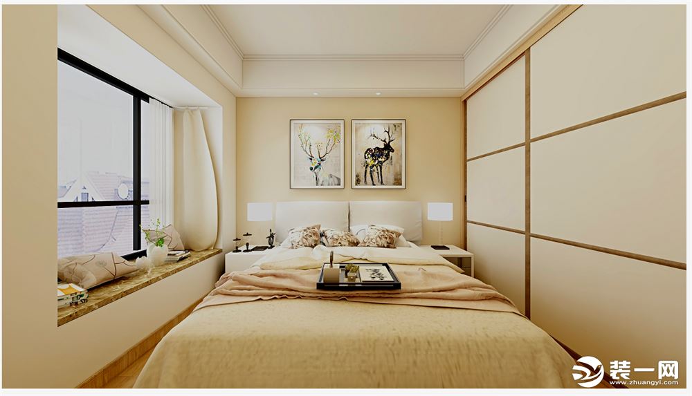 现代简约卧室60cm衣柜推拉门， 1.8×2.0米的床加上两个50cm的床头柜